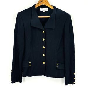 St. John Collection Santana Knit Black Blazer Gold Buttons Career Jacket Sz 10